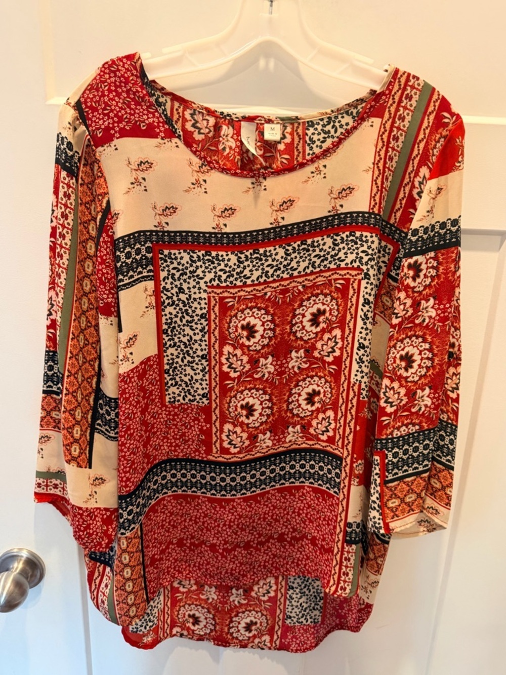 Tacera Boho Patchwork Blouse Medium Red Floral 3/4 Sleeve Flowy Top